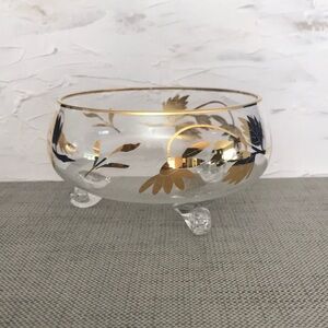 Vintage Glass Footed Bowl with Gold Floral Trim Details
